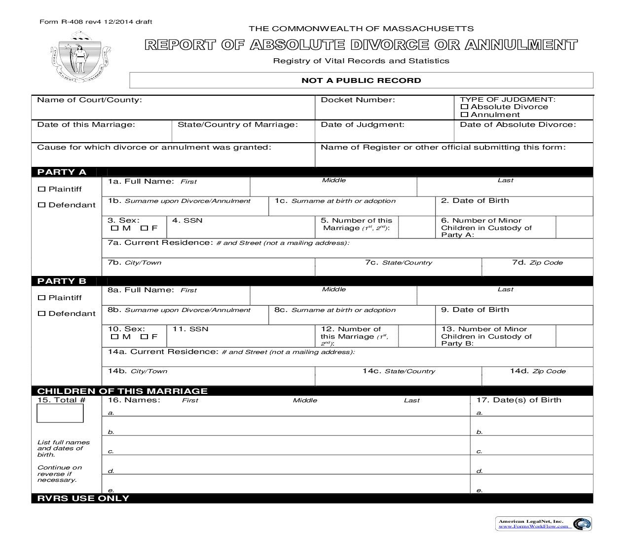 Report Of Absolute Divorce Or Annulment {R-408} | Pdf Fpdf Doc Docx | Massachusetts