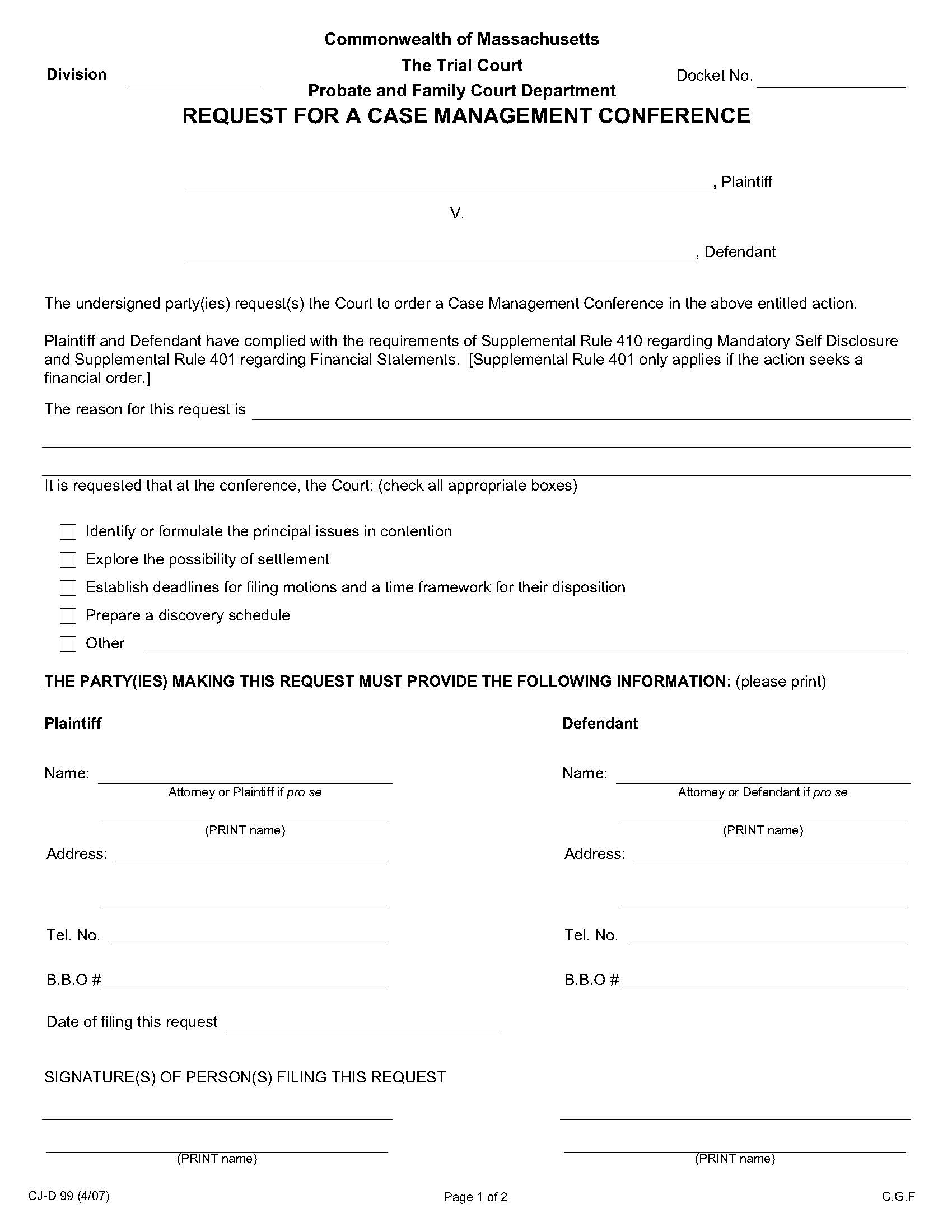 Request For A Case Management Conference {CJ-D 99} | Pdf Fpdf Doc Docx | Massachusetts