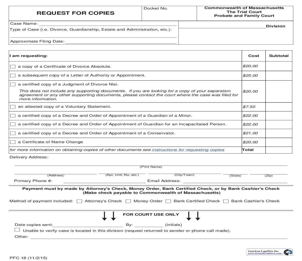 Request For Copies {PFC 18} | Pdf Fpdf Doc Docx | Massachusetts