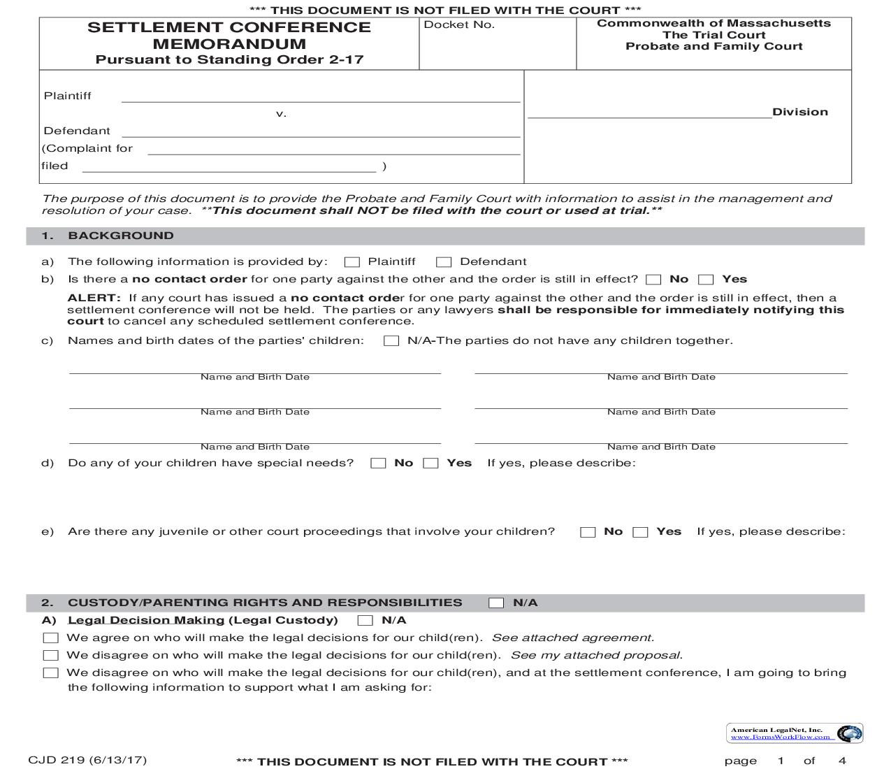 Settlement Conference Memorandum {CJD 219} | Pdf Fpdf Doc Docx | Massachusetts