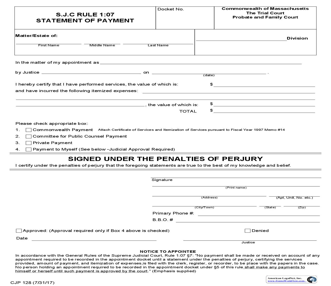 Statement Of Payment (Pursuant To SJC Rule 1-07} {CJP 128} | Pdf Fpdf Doc Docx | Massachusetts