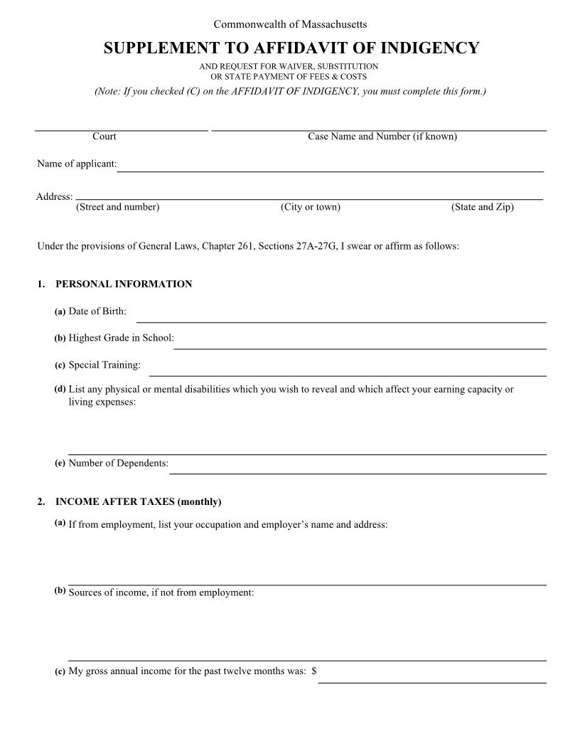 Supplement To Affidavit Of Indigency | Pdf Fpdf Doc Docx | Massachusetts