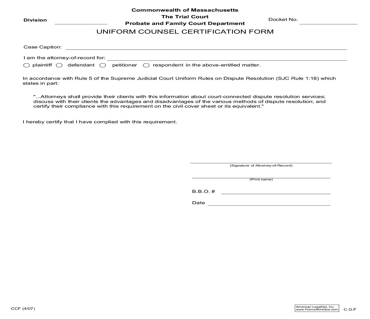Uniform Counsel Certification {CCF} | Pdf Fpdf Doc Docx | Massachusetts