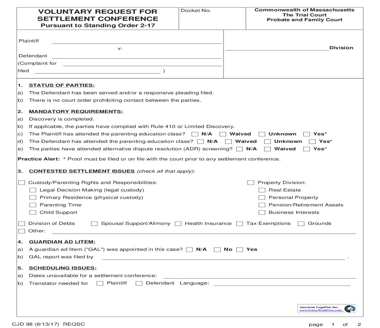 Voluntary Request For Settlement Conference {CJD 98} | Pdf Fpdf Doc Docx | Massachusetts