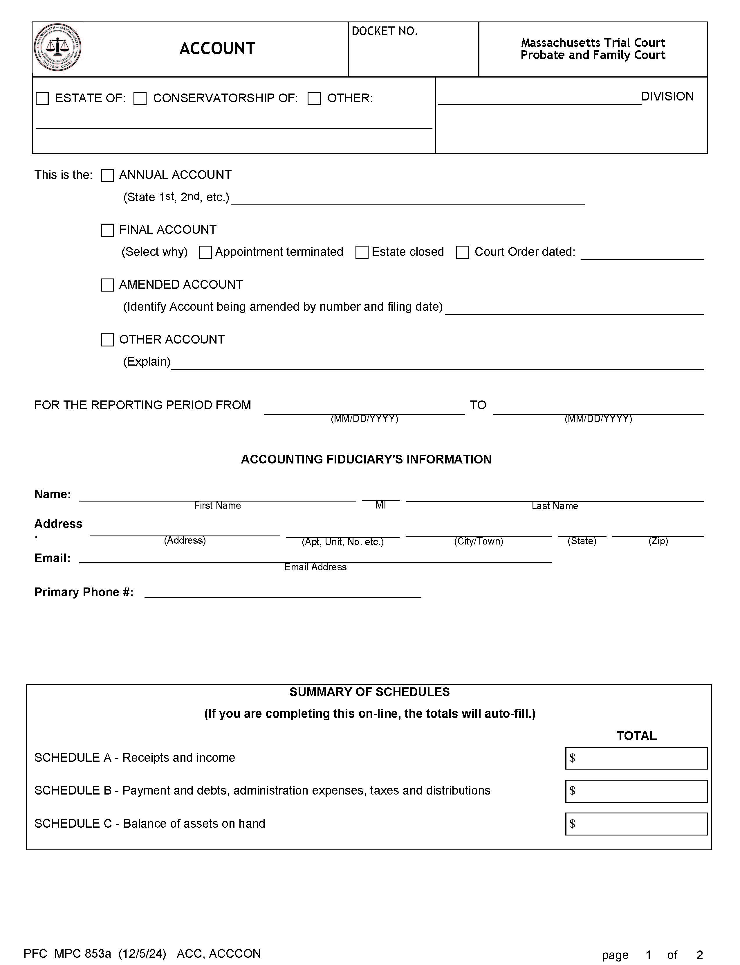 Account (Without Schedules) {MPC 853a} | Pdf Fpdf Doc Docx | Massachusetts