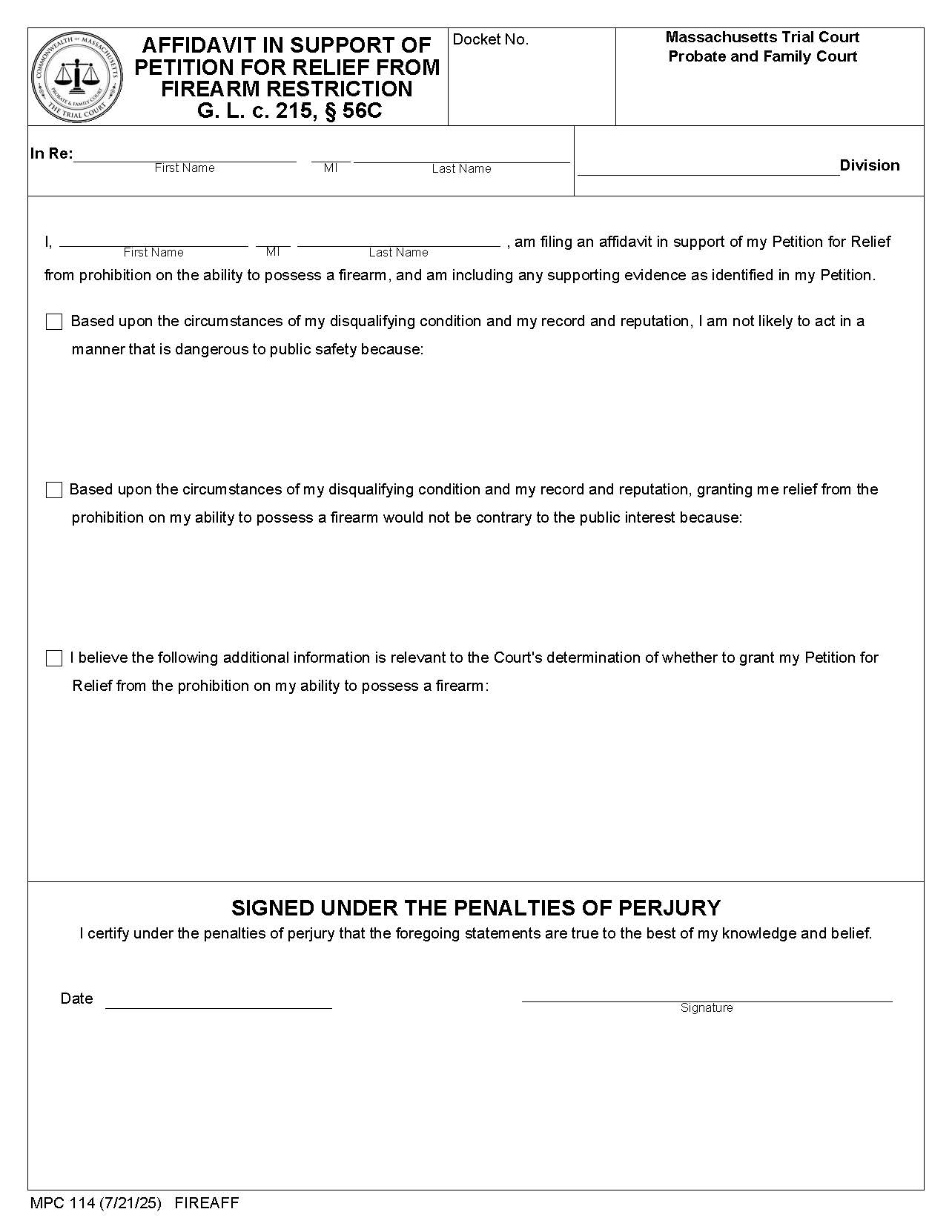 Affidavit In Support Of Petition For Relief From Firearm Restriction {MPC 114} | Pdf Fpdf Docx | Massachusetts