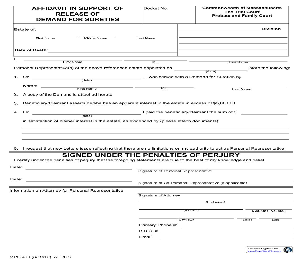 Affidavit In Support Of Release Of Demand For Sureties {MPC 490} | Pdf Fpdf Doc Docx | Massachusetts