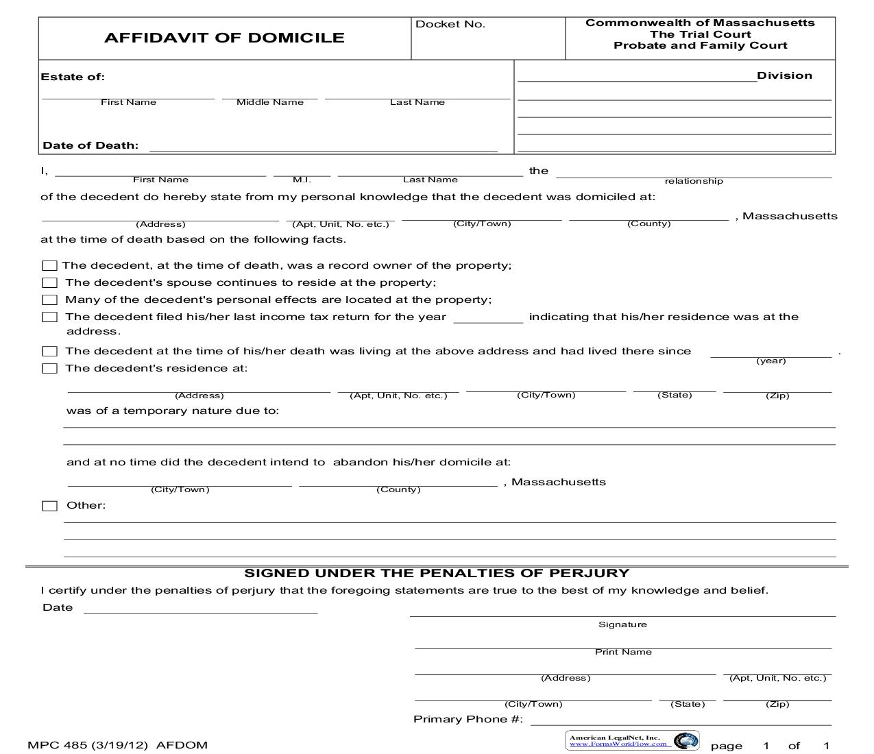 Affidavit Of Domicile {MPC 485} | Pdf Fpdf Doc Docx | Massachusetts