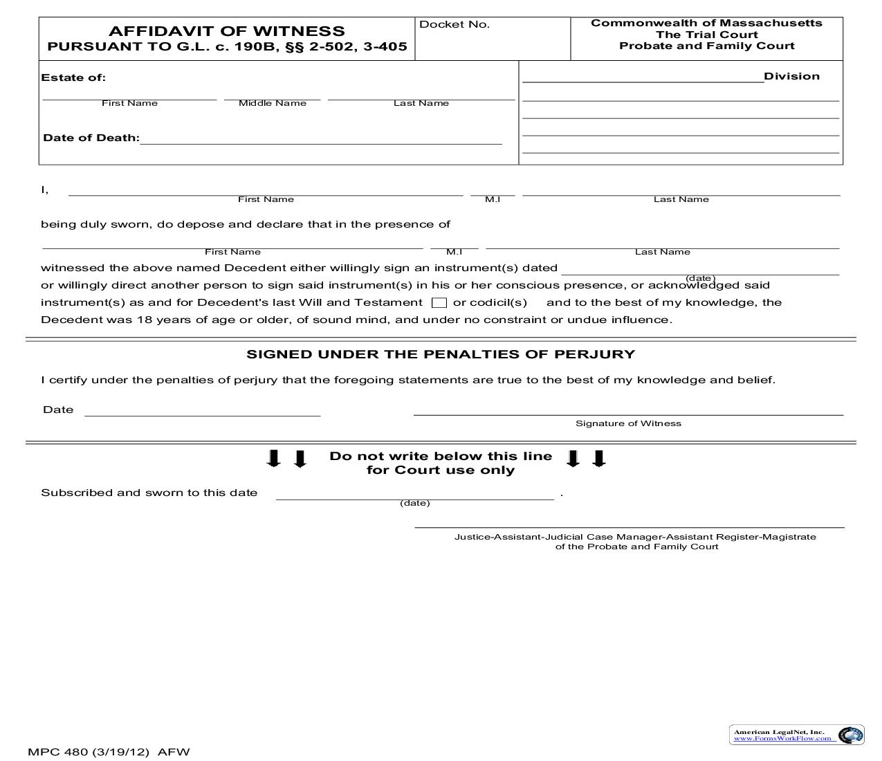 Affidavit Of Witness {MPC 480} | Pdf Fpdf Doc Docx | Massachusetts