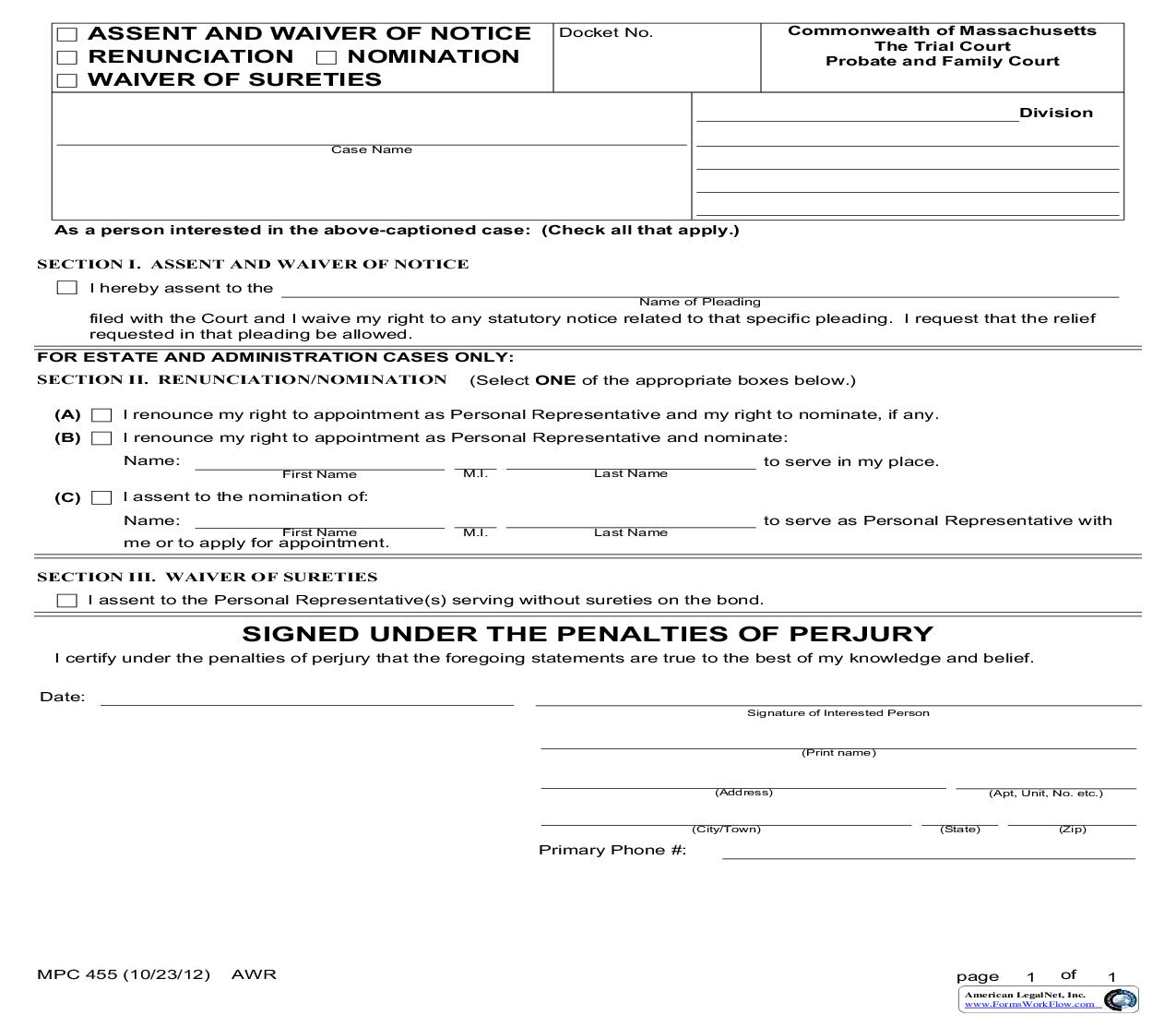 Assent And Waiver Of Notice-Renunciation-Waiver Of Sureties {MPC 455} | Pdf Fpdf Doc Docx | Massachusetts