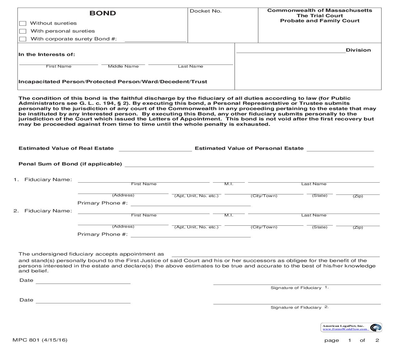 Bond {MPC 801} | Pdf Fpdf Doc Docx | Massachusetts