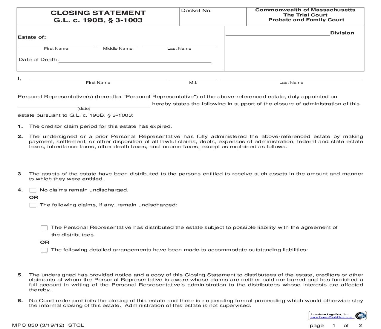 Closing Statement {MPC 850} | Pdf Fpdf Doc Docx | Massachusetts
