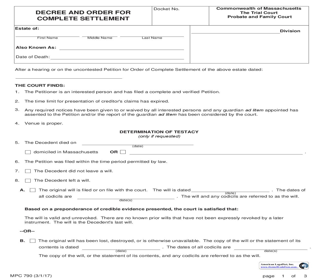 Decree And Order For Complete Settlement {MPC 790} | Pdf Fpdf Doc Docx | Massachusetts