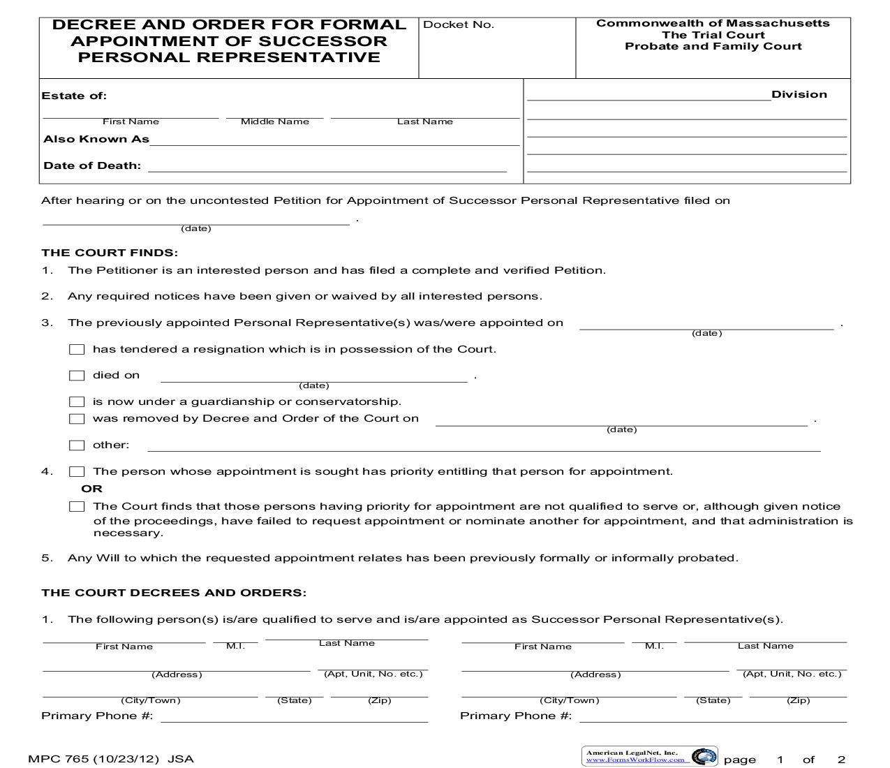 Decree And Order For Formal Appointment Of Successor Personal Representative {MPC 765} | Pdf Fpdf Doc Docx | Massachusetts