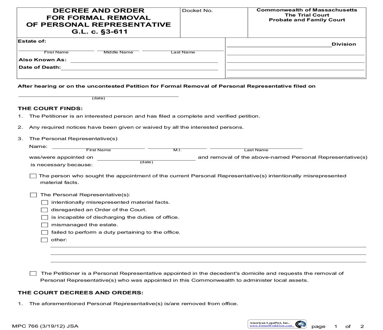Decree And Order For Formal Removal Of Personal Representative {MPC 766} | Pdf Fpdf Doc Docx | Massachusetts