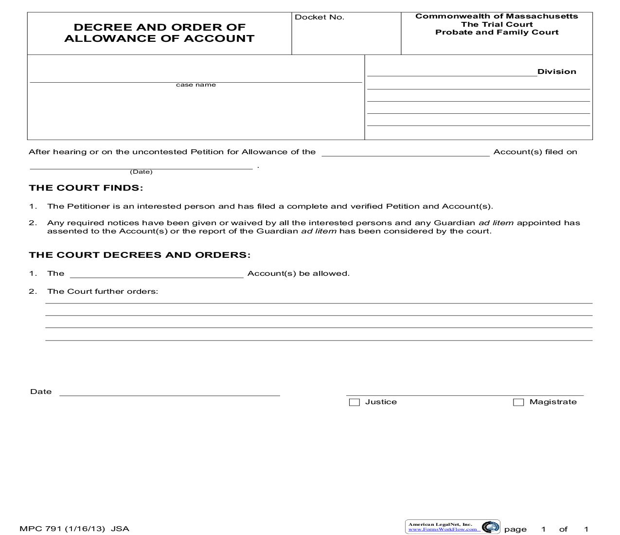 Decree And Order Of Allowance Of Account {MPC 791} | Pdf Fpdf Doc Docx | Massachusetts