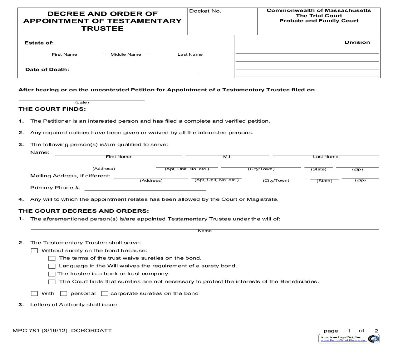 Decree And Order Of Appointment Of A Testamentary Trustee {MPC 781} | Pdf Fpdf Doc Docx | Massachusetts