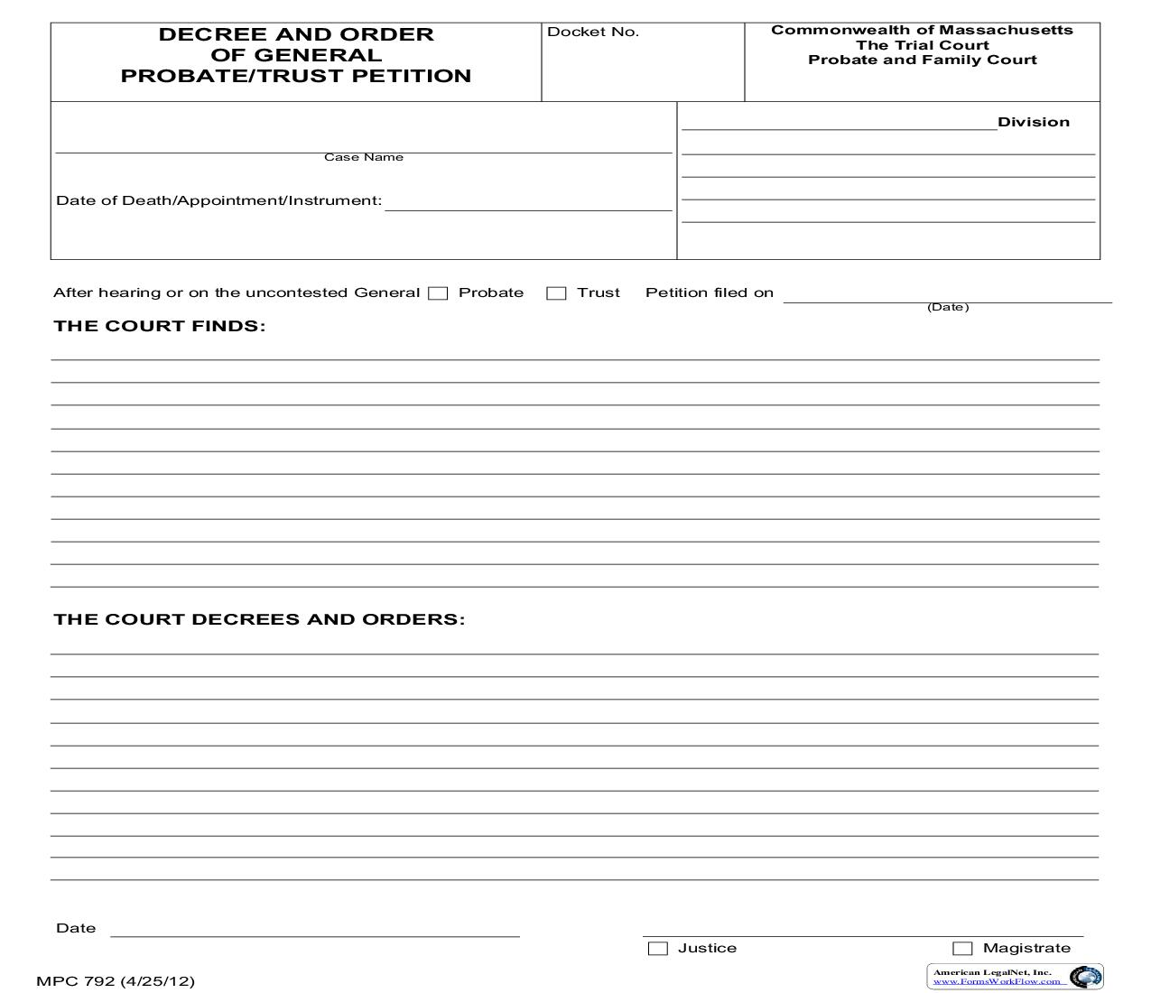 Decree And Order Of General Probate-Trust Petition {MPC 792} | Pdf Fpdf Doc Docx | Massachusetts