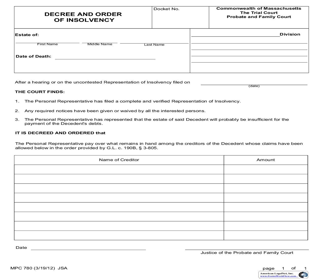 Decree And Order Of Insolvency {MPC 780} | Pdf Fpdf Doc Docx | Massachusetts