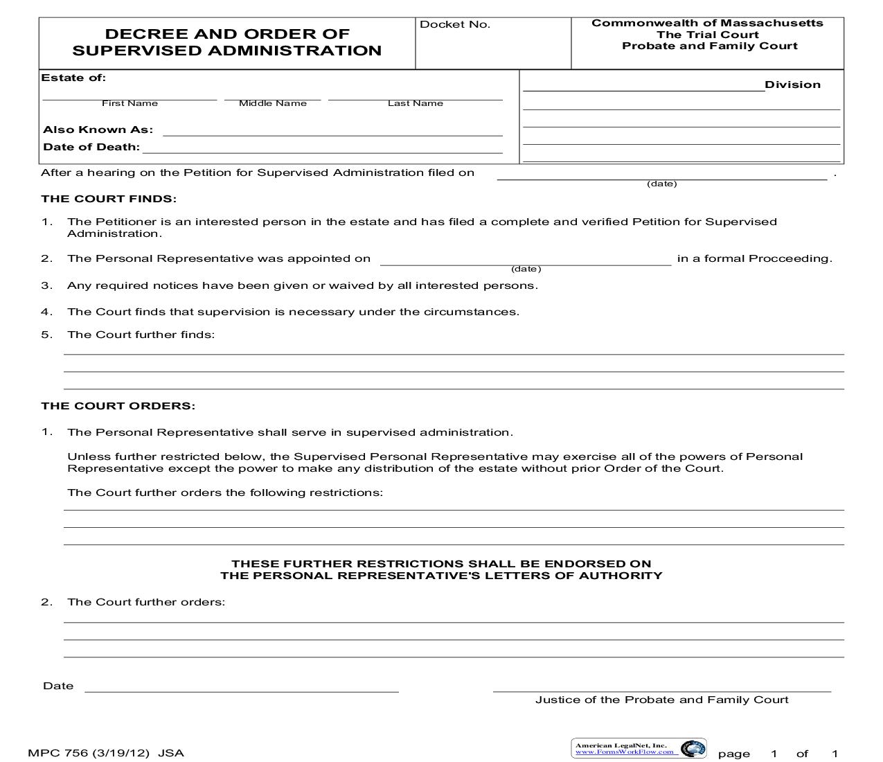 Decree And Order Of Supervised Administration {MPC 756} | Pdf Fpdf Doc Docx | Massachusetts