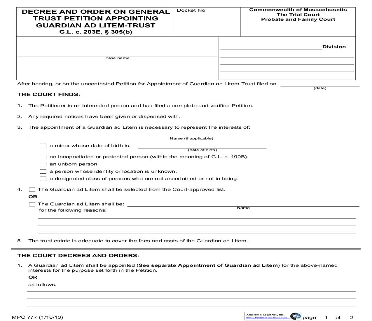 Decree And Order On General Trust Petition Appointing A Guardian Ad Litem {MPC 777} | Pdf Fpdf Doc Docx | Massachusetts