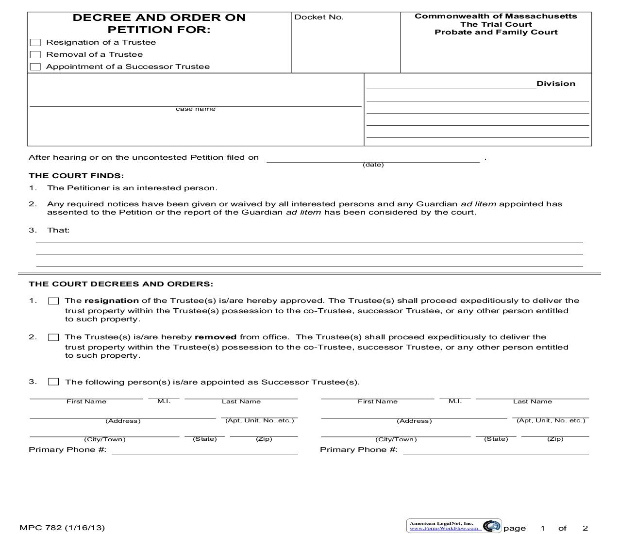 Decree And Order On Petition For Resignation Removal Appointment Of Successor Trustee {MPC 782} | Pdf Fpdf Doc Docx | Massachusetts