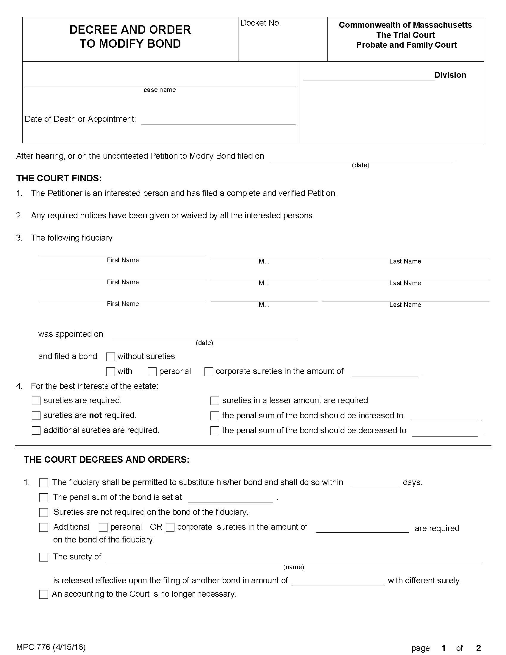 Decree And Order To Modify Bond {MPC 776} | Pdf Fpdf Doc Docx | Massachusetts