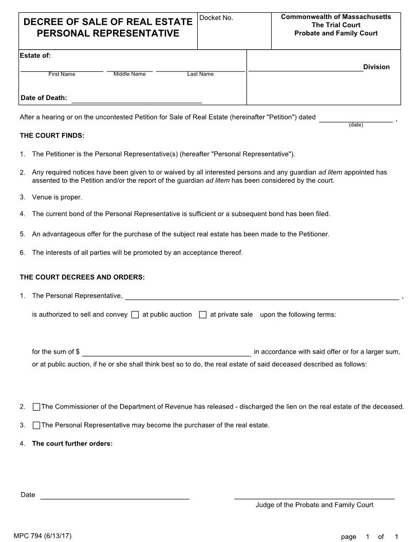 Decree Of Sale Of Real Estate Personal Representatice {MCP 794} | Pdf Fpdf Doc Docx | Massachusetts
