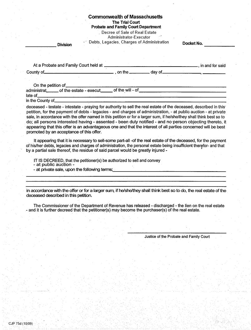 Decree Sale Of Real Estate Administrator-Executor {CJP 75d} | Pdf Fpdf Docx | Massachusetts