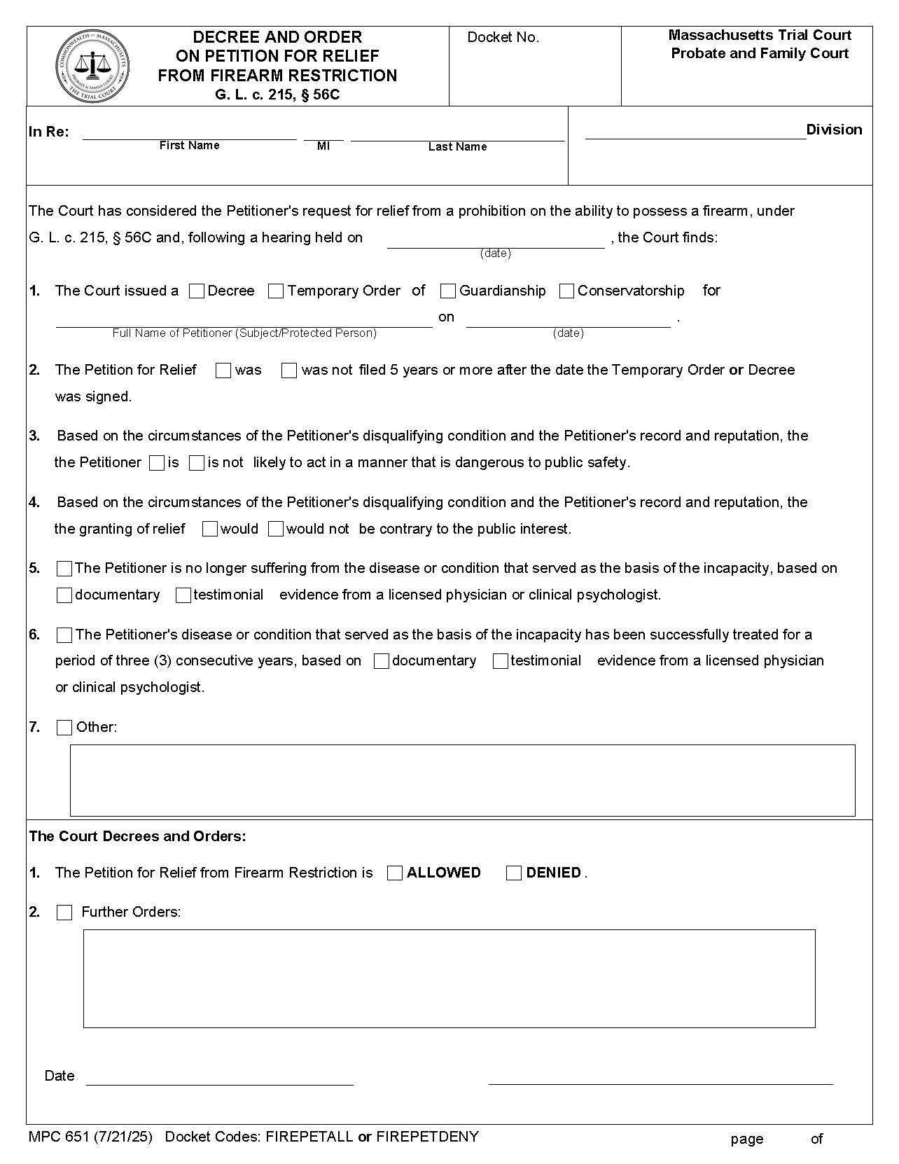 Demand And Order On Petition For Relief From Firearm Restriction {MPC 651} | Pdf Fpdf Docx | Massachusetts