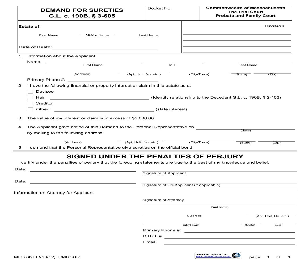 Demand For Sureties {MPC 360} | Pdf Fpdf Doc Docx | Massachusetts