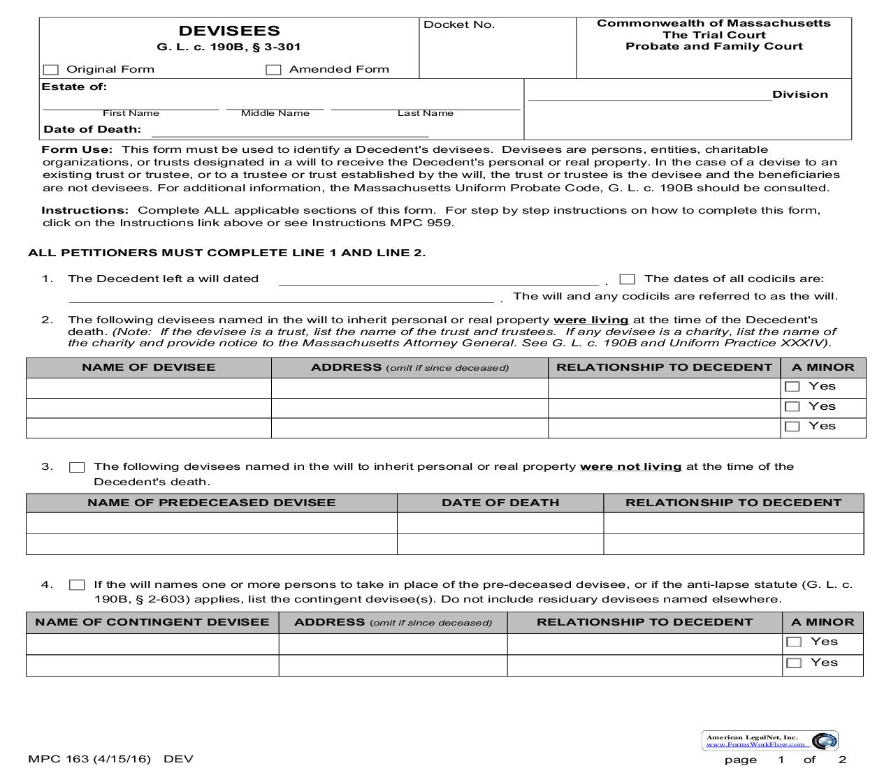 Devisees {MPC 163} | Pdf Fpdf Doc Docx | Massachusetts