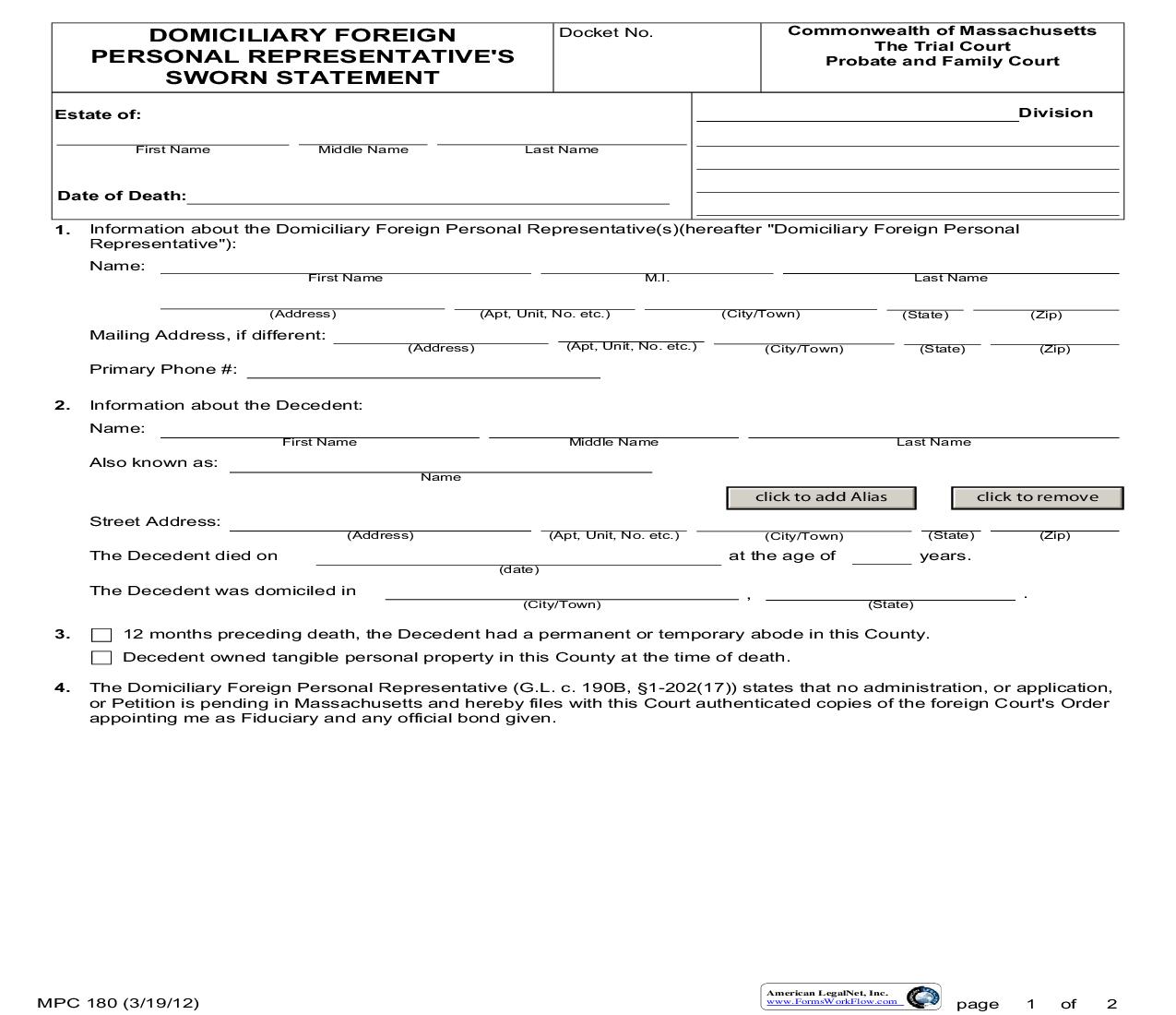 Domiciliary Foreign Personal Representatives Sworn Statement {MPC 180} | Pdf Fpdf Doc Docx | Massachusetts