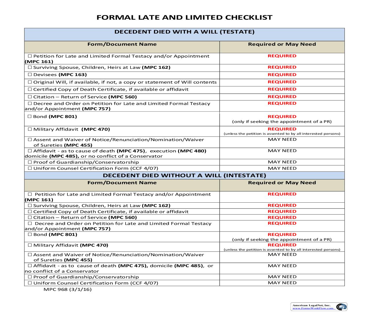 Formal Late And Limited Checklist {MPC 968} | Pdf Fpdf Doc Docx | Massachusetts