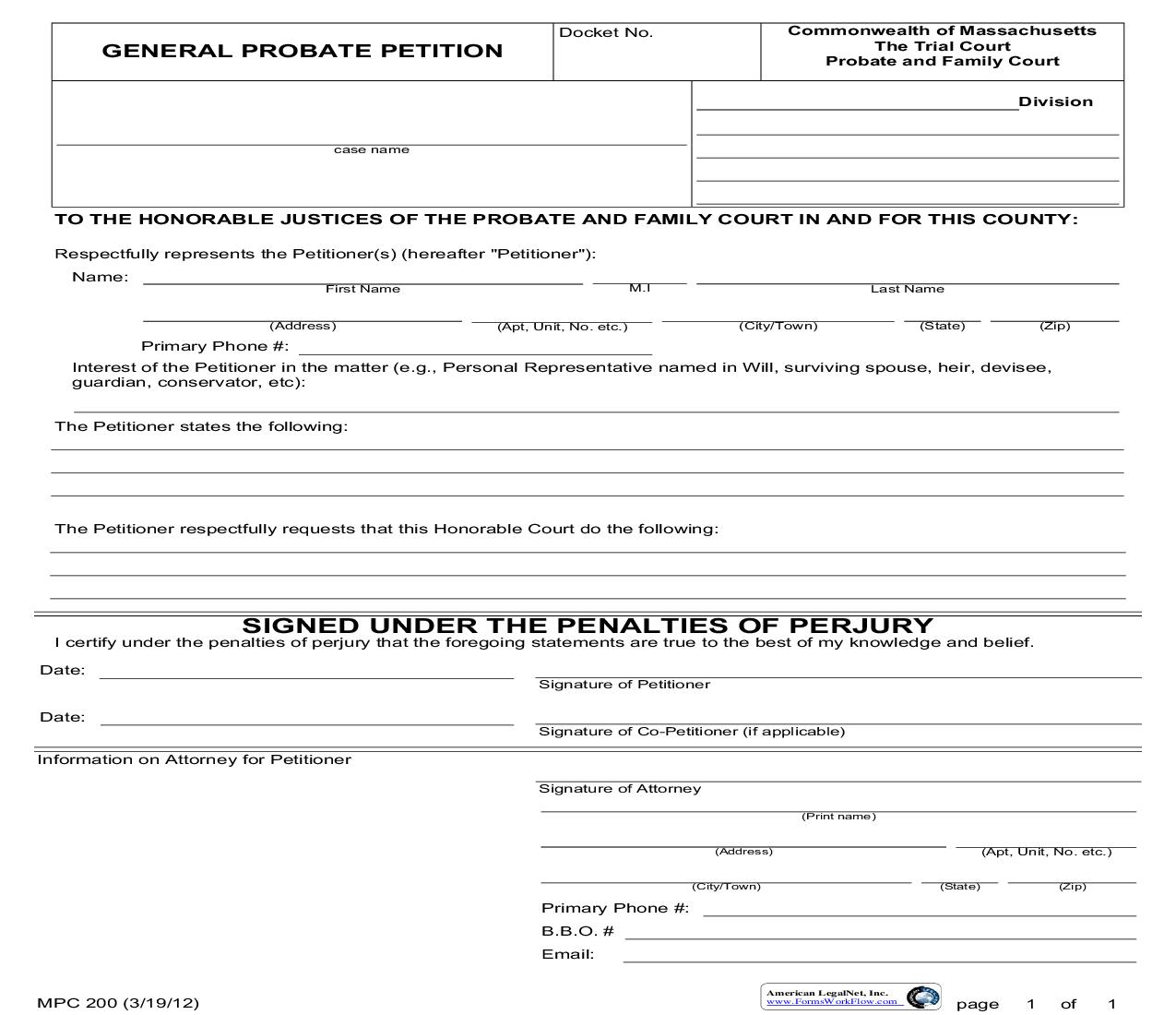 General Probate Petition {MPC 200} | Pdf Fpdf Doc Docx | Massachusetts