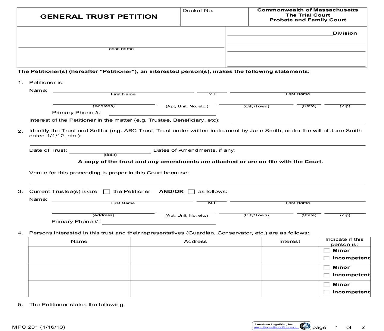 General Trust Petition {MPC 201} | Pdf Fpdf Doc Docx | Massachusetts