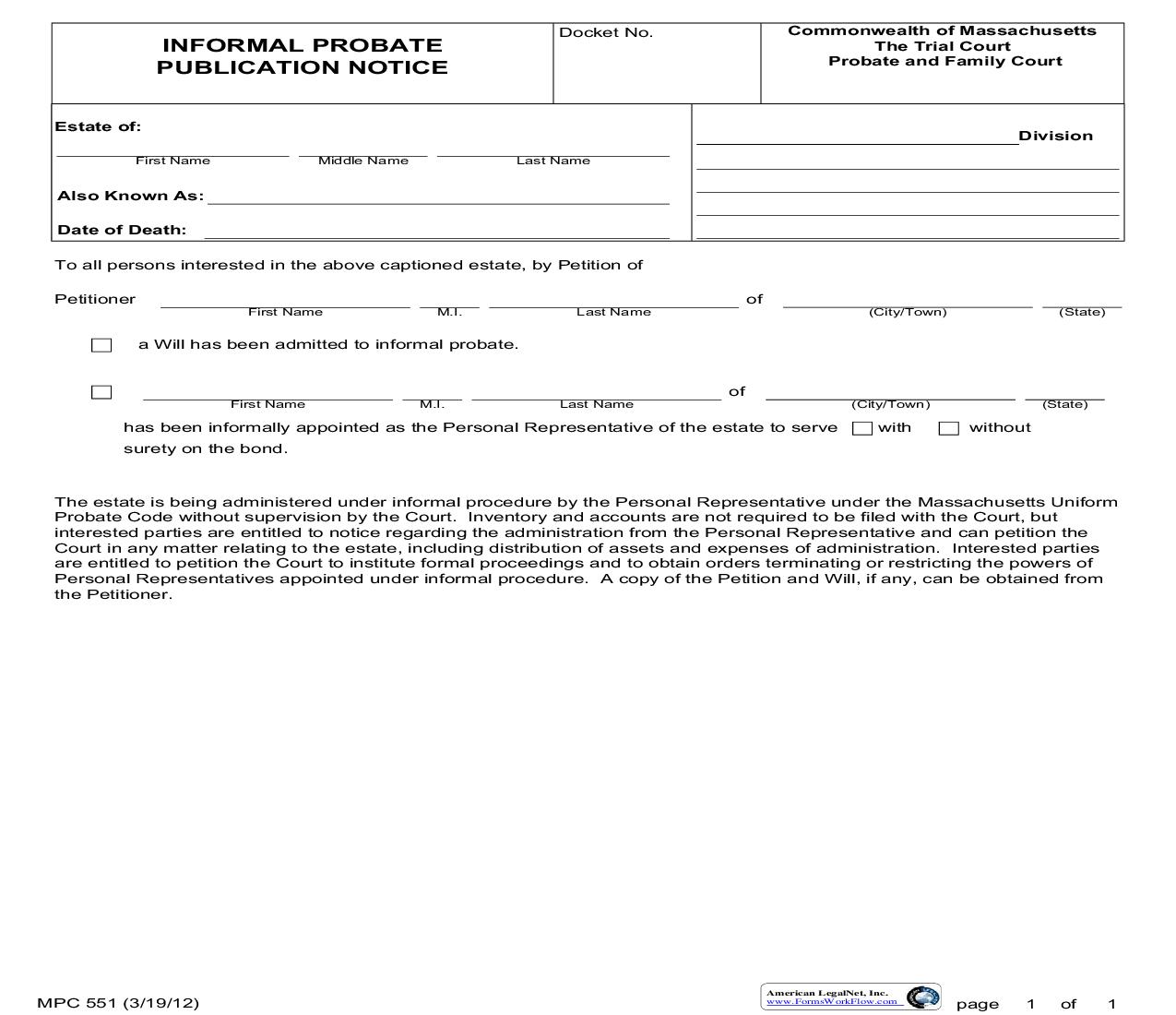 Informal Probate Publication Notice {MPC 551} | Pdf Fpdf Doc Docx | Massachusetts