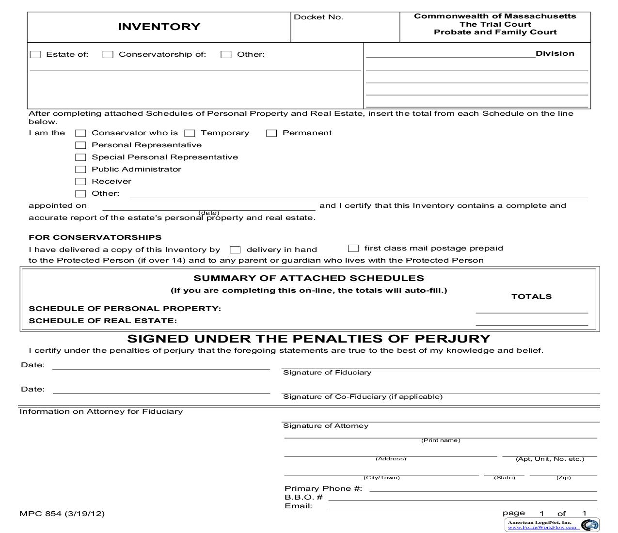 Inventory (Without Schedules) {MPC 854a} | Pdf Fpdf Doc Docx | Massachusetts