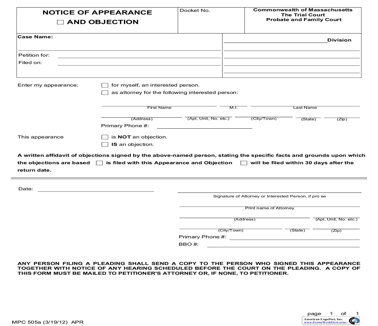 Notice Of Appearance And Or Objection {MPC 505a} | Pdf Fpdf Doc Docx | Massachusetts