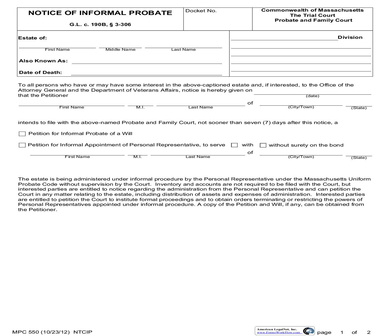 Notice Of Informal Probate {MPC 550} | Pdf Fpdf Doc Docx | Massachusetts