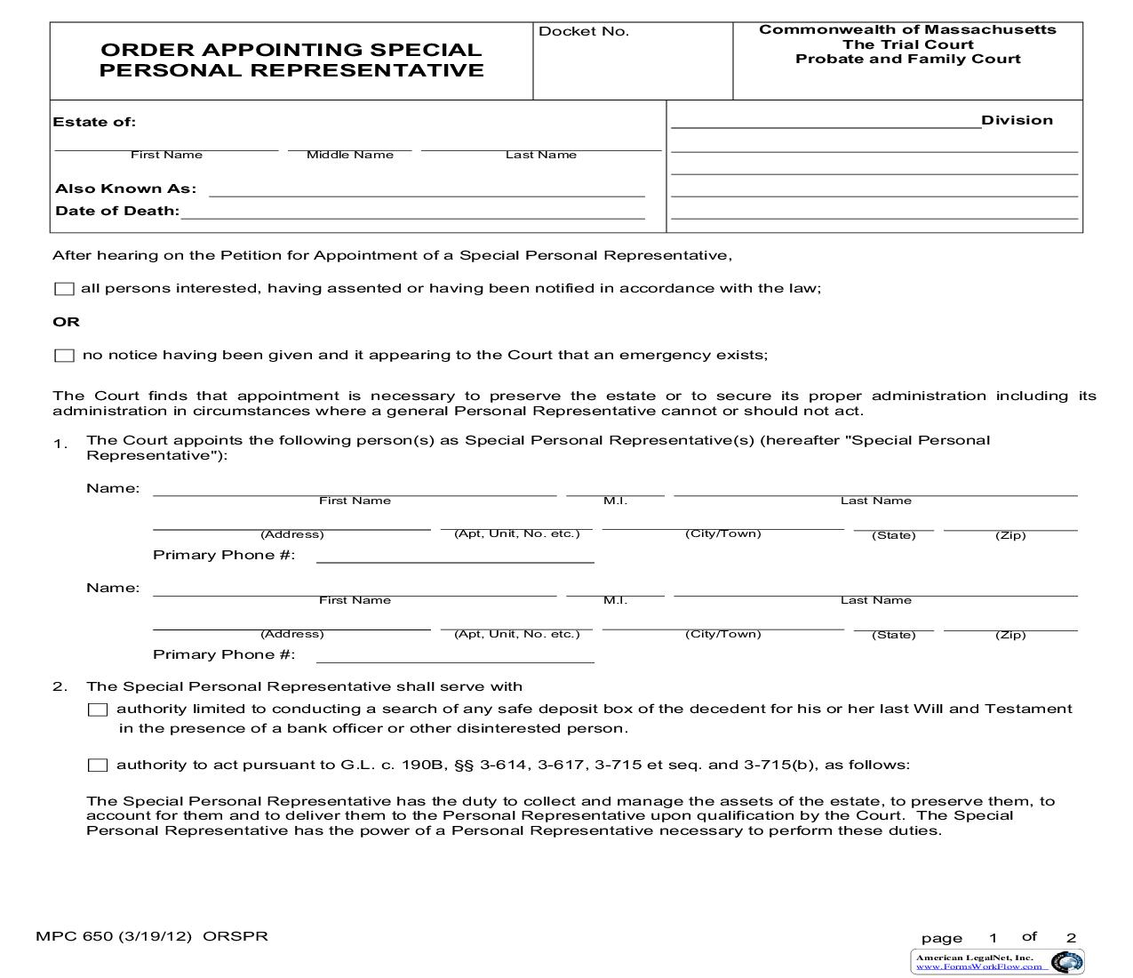 Order Appointing Special Personal Representative {MPC 650} | Pdf Fpdf Doc Docx | Massachusetts