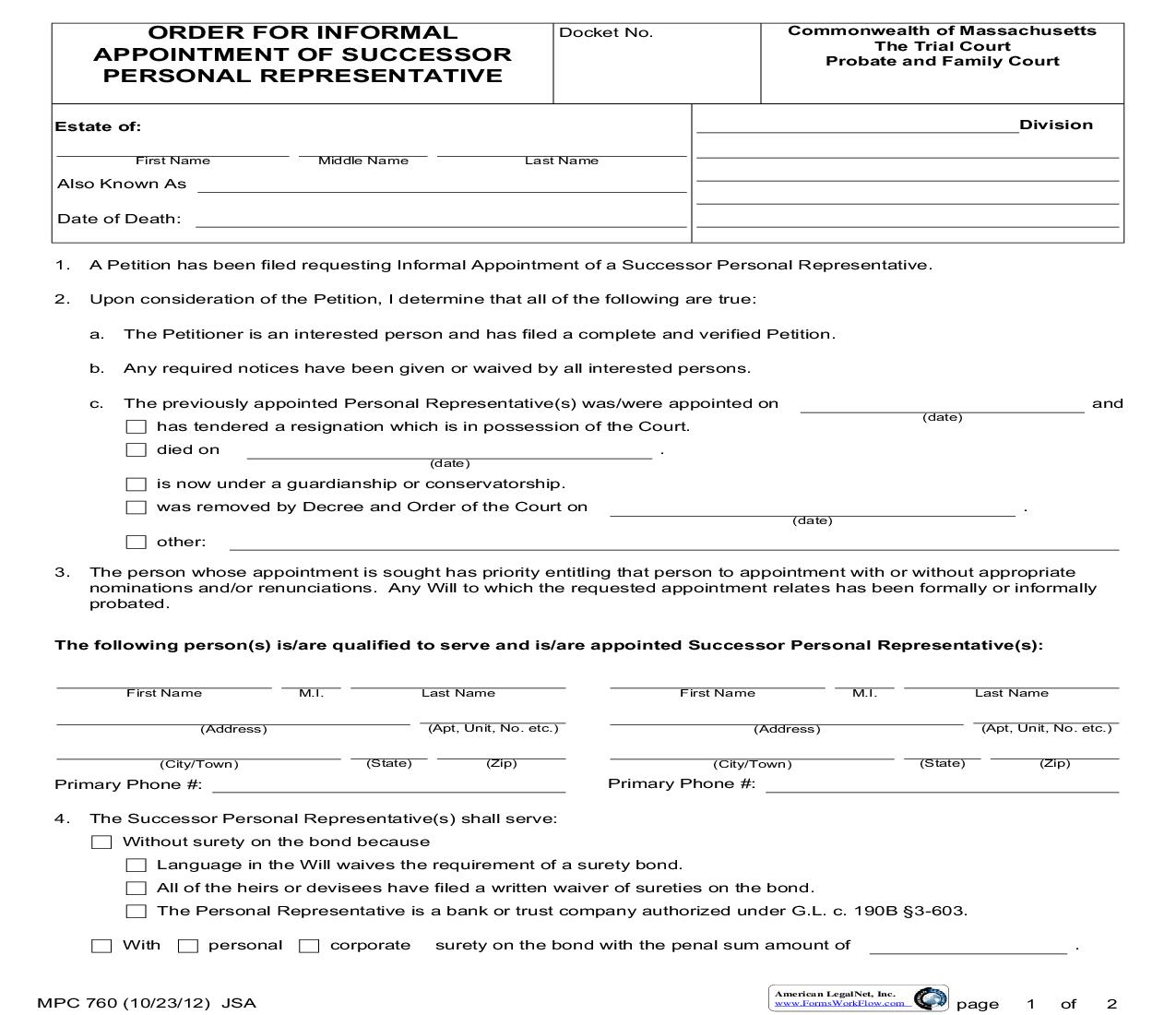 Order For Informal Appointment Of Successor Personal Representative {MPC 760} | Pdf Fpdf Doc Docx | Massachusetts