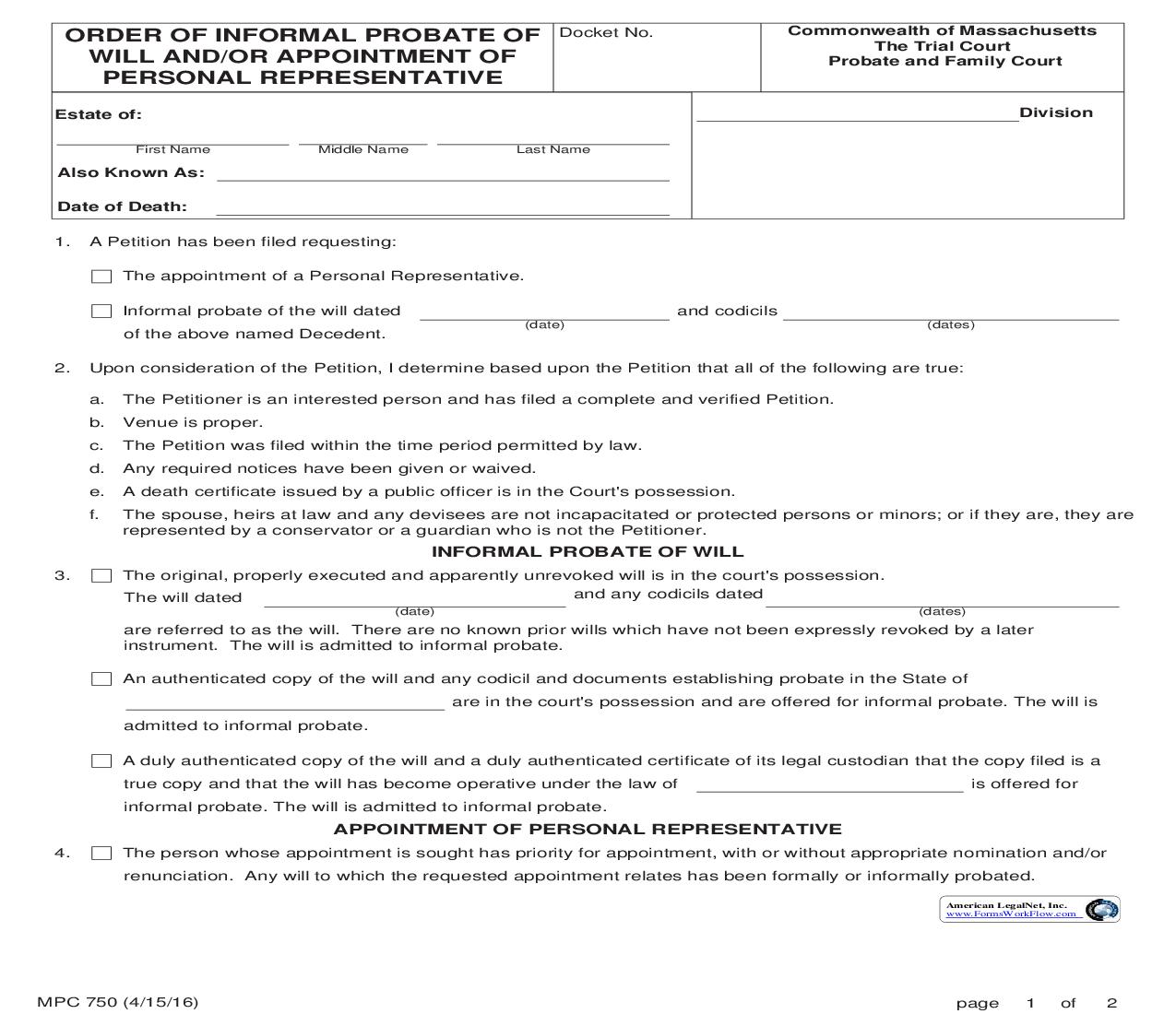 Order Of Informal Probate Of Will And Or Appointment Of Personal Representative {MPC 750} | Pdf Fpdf Doc Docx | Massachusetts