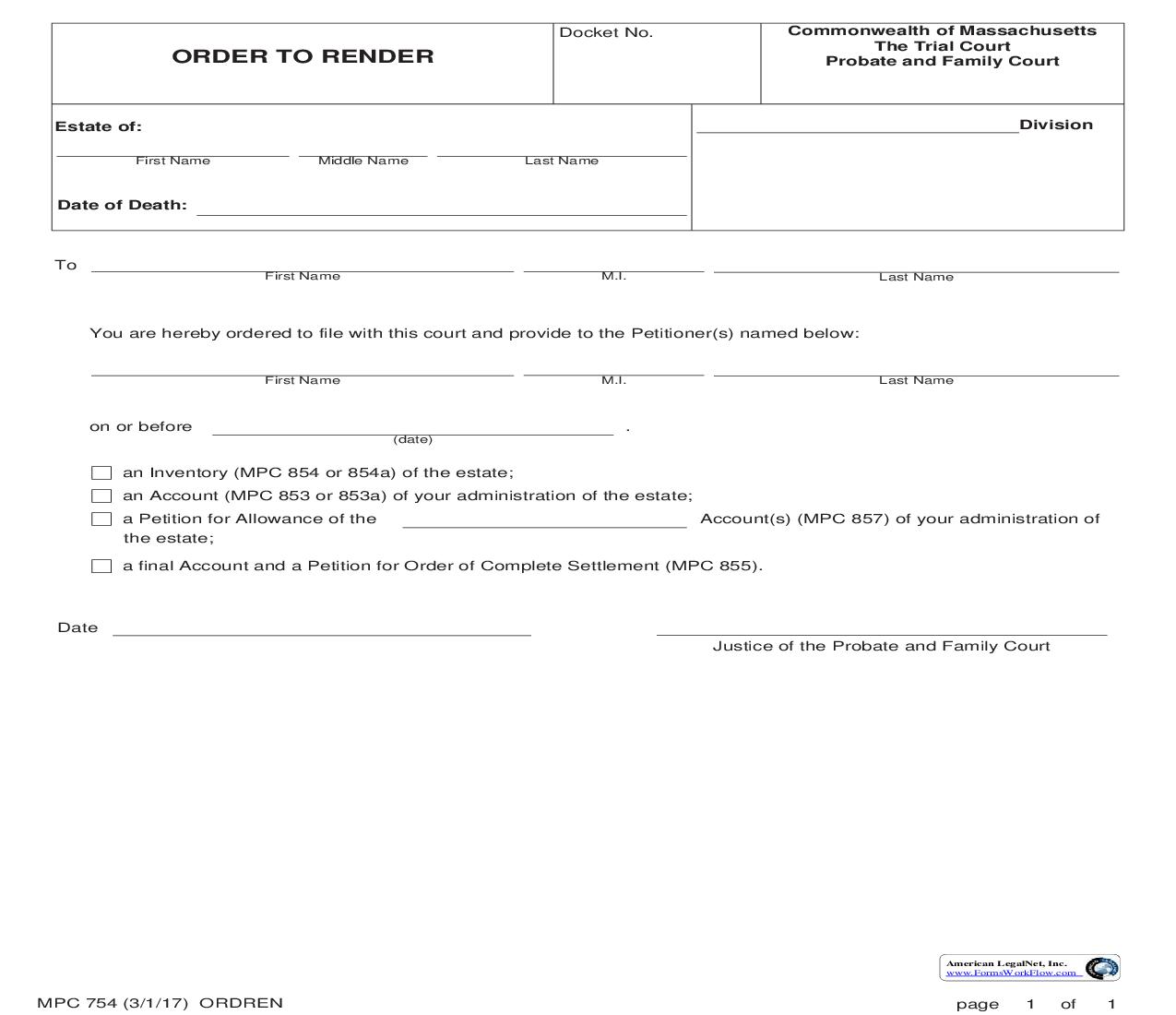 Order To Render {MPC 754} | Pdf Fpdf Doc Docx | Massachusetts