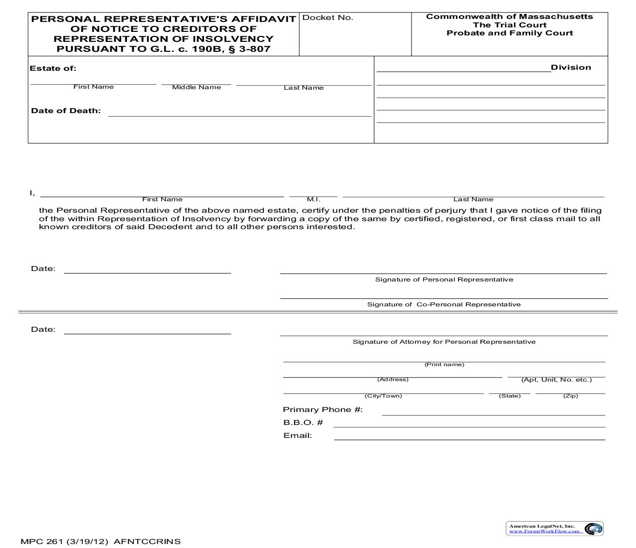 Personal Representatives Affidavit Of Notice To Creditors Of Representation {MPC 261} | Pdf Fpdf Doc Docx | Massachusetts