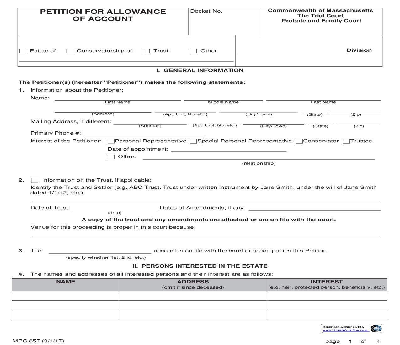 Petition For Allowance Of Account of {MPC 857} | Pdf Fpdf Doc Docx | Massachusetts