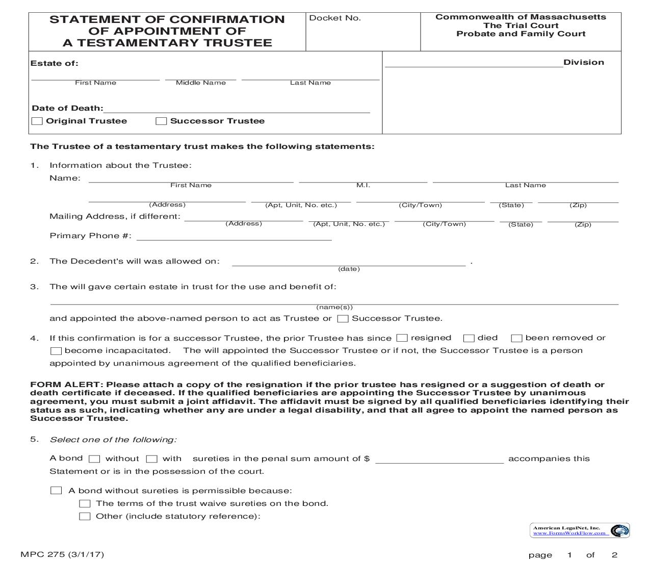 Petition For Appointment Of A Testamentary Trustee {MPC 275} | Pdf Fpdf Doc Docx | Massachusetts