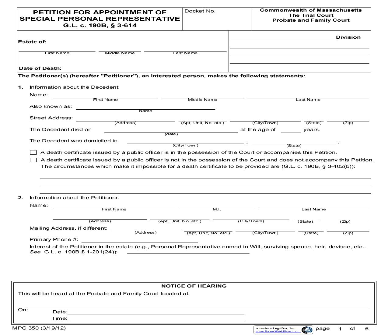 Petition For Appointment Of Special Personal Representative {MPC 350} | Pdf Fpdf Doc Docx | Massachusetts