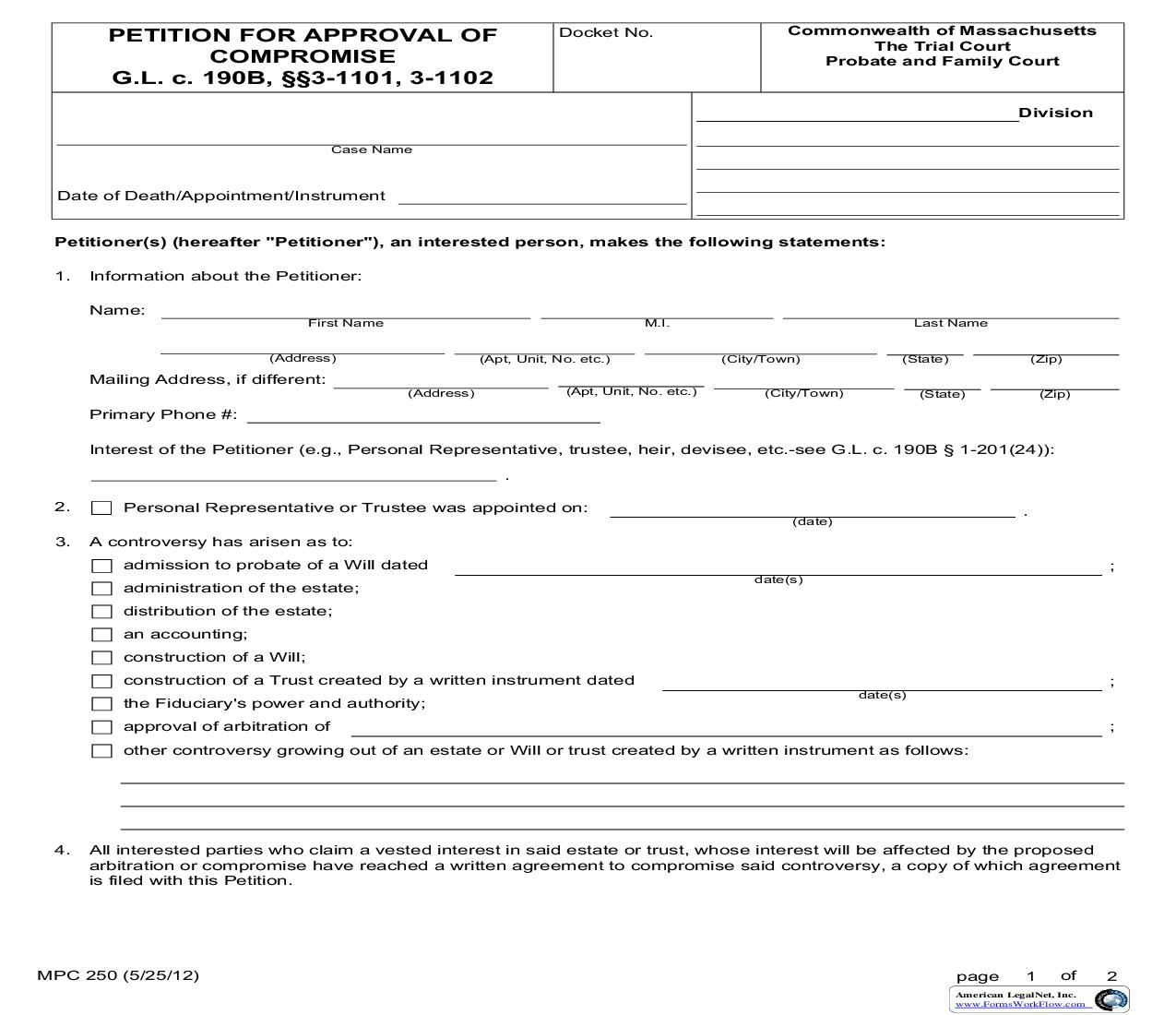 Petition For Approval Of Compromise {MPC 250} | Pdf Fpdf Doc Docx | Massachusetts