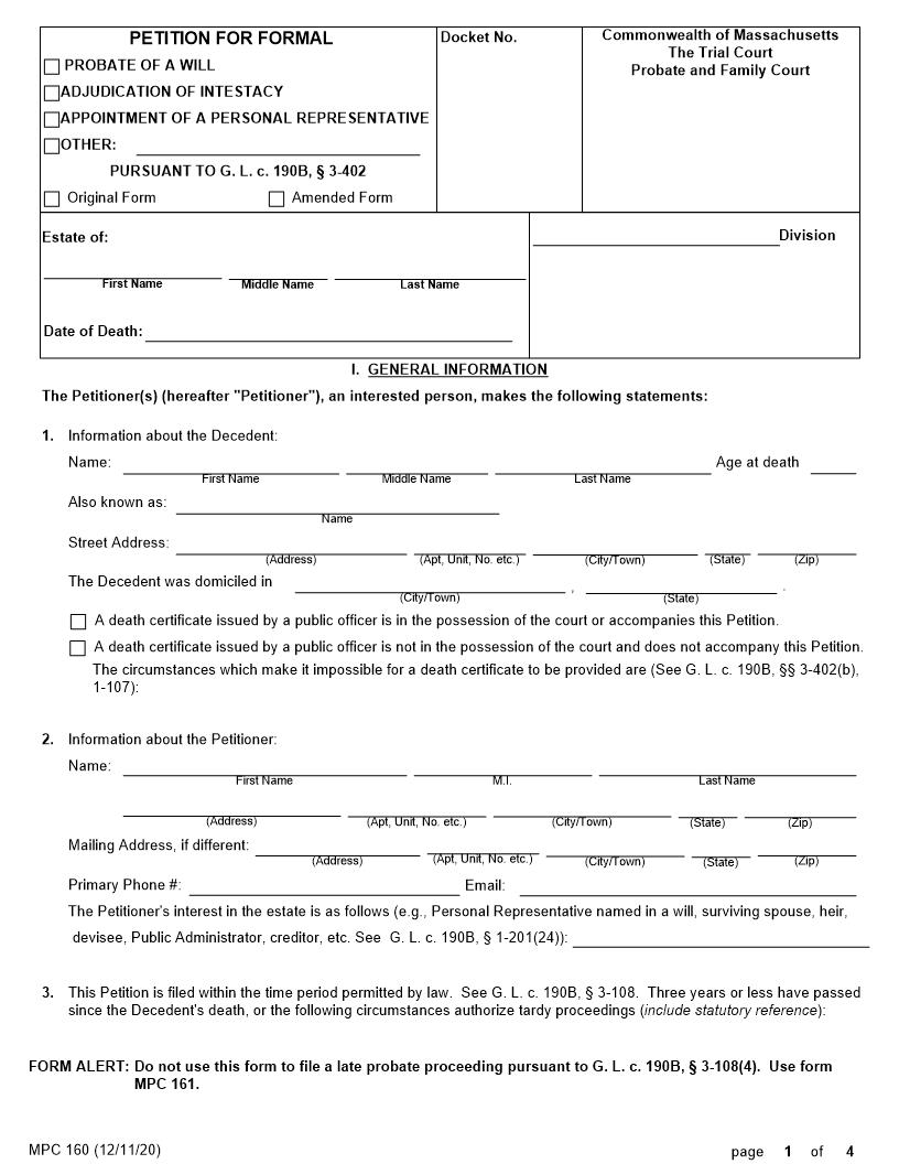Petition For Formal {MPC 160} | Pdf Fpdf Doc Docx | Massachusetts